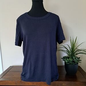 Tahari Navy Blue Short Sleeve Tee Ribbed Crewneck Women's XXL Cotton